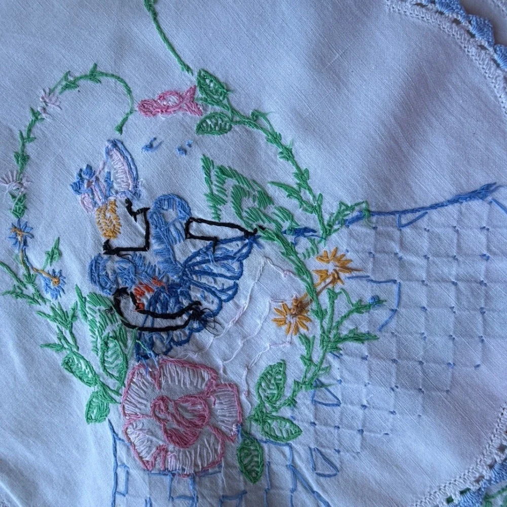Vintage Embroidered Table Runner White Linen Blue Crochet Trim Crinoline Lady
